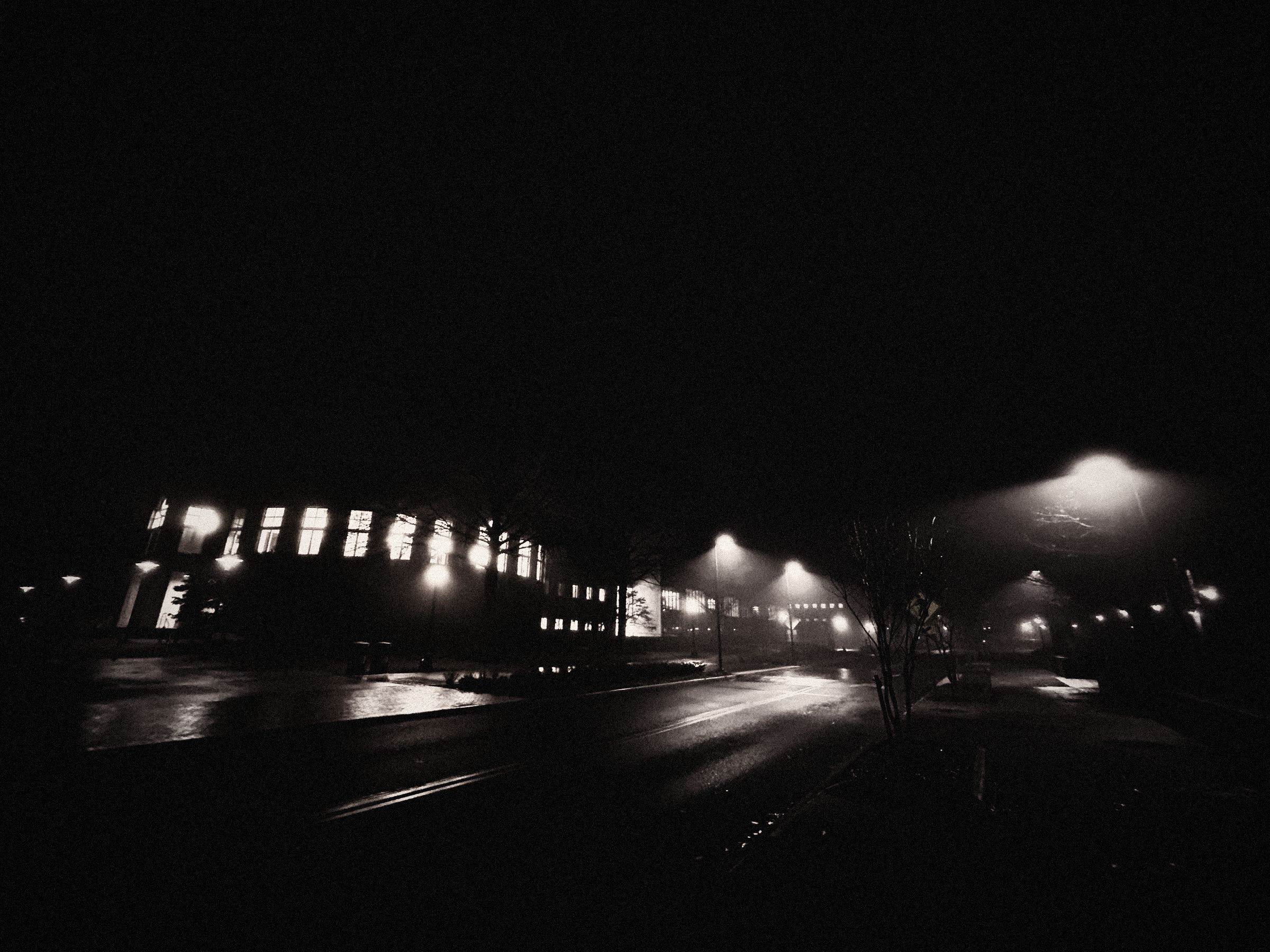 Foggy road at night with street lights
